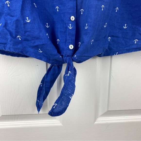 Hester & Orchard Linen Blend Anchor Print Front Tie Button Down Shirt - Picture 3 of 6